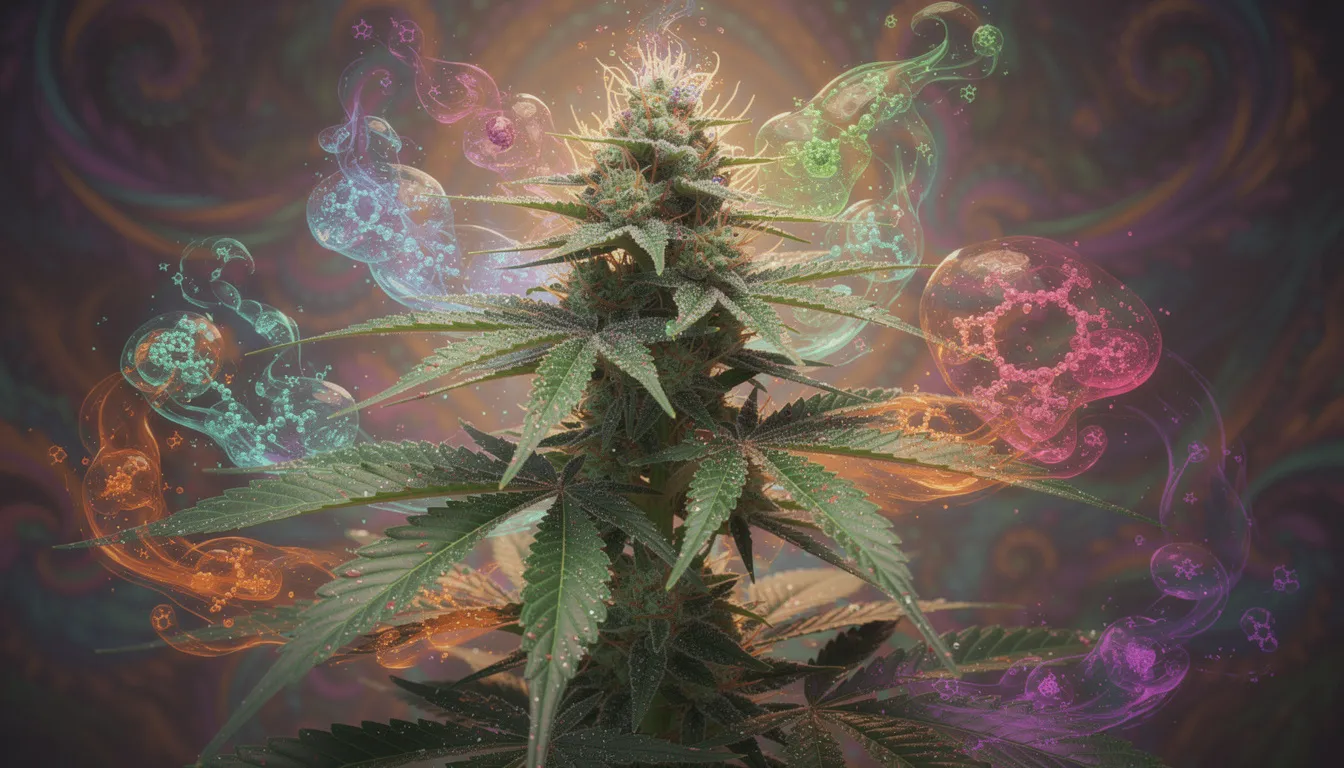 Eine Cannabispflanze mit sichtbaren Terpenen, die den Duft und Geschmack beeinflussen.