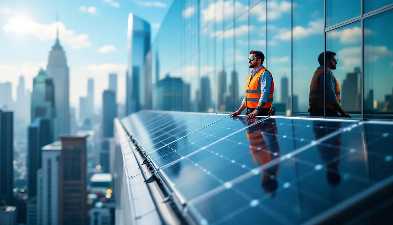 An electrician servicing solar panels on a roof.