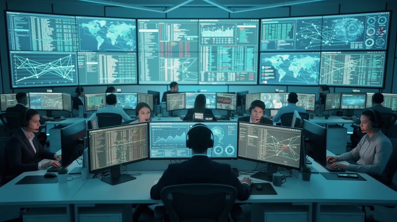 The image depicts a cybersecurity operations center where analysts are intently monitoring multiple screens that display network traffic visualizations, highlighting the importance of human expertise in an AI-driven world. This environment showcases the role of cybersecurity professionals in leveraging AI tools for data analysis and threat intelligence amidst evolving cyber threats.
