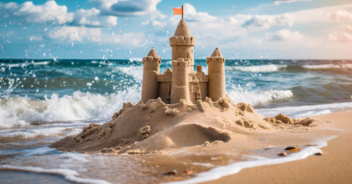 Detailed sandcastle on the shoreline of Long Beach Island with waves splashing in the background.