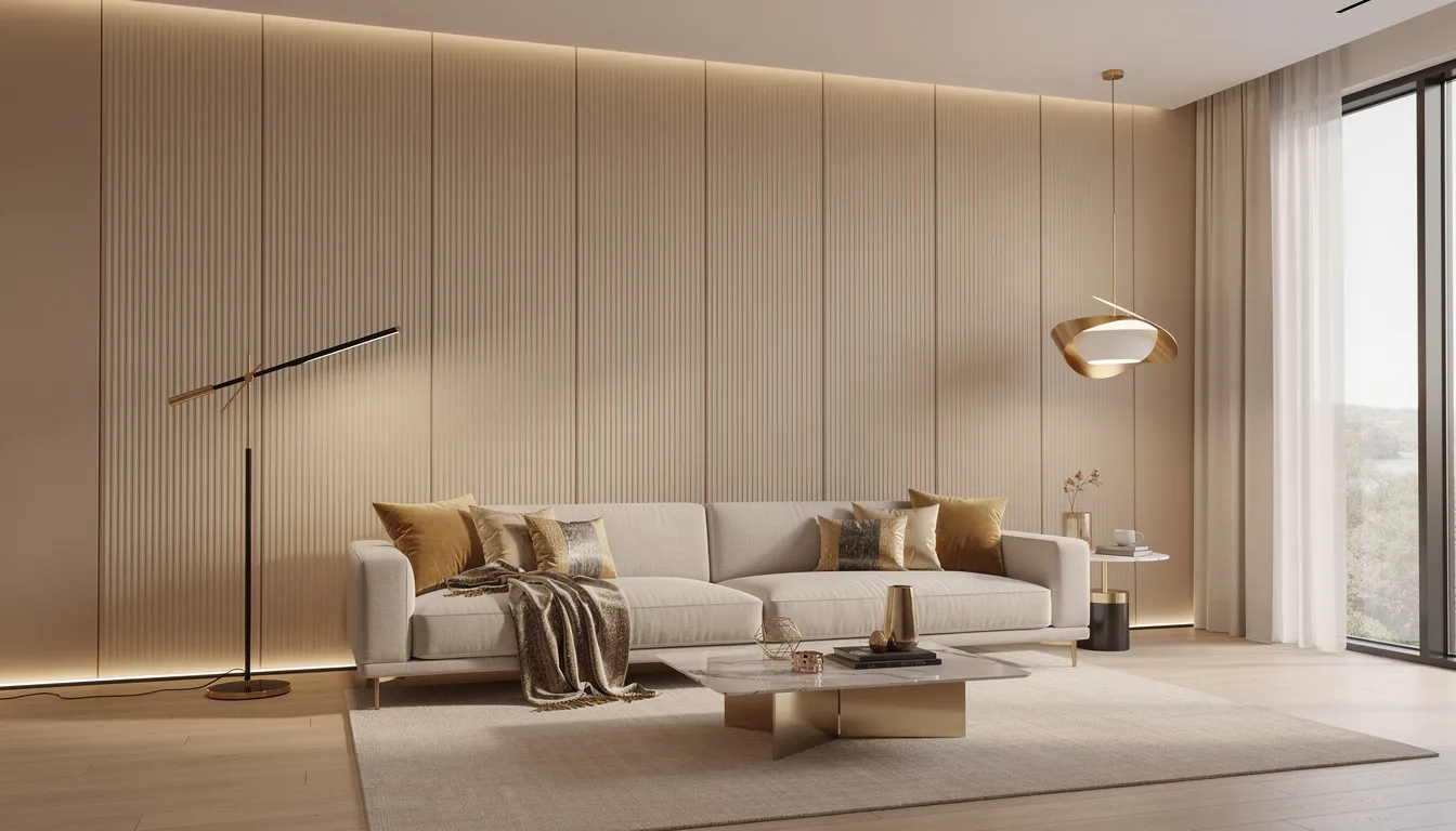 Een moderne woonkamer met warme beige wandpanelen, die een luxe uitstraling geven, achter een elegante bank met gouden accenten. De designverlichting accentueert de sfeervolle ambiance van de ruimte, waardoor het een vernieuwde en stijlvolle uitstraling krijgt.