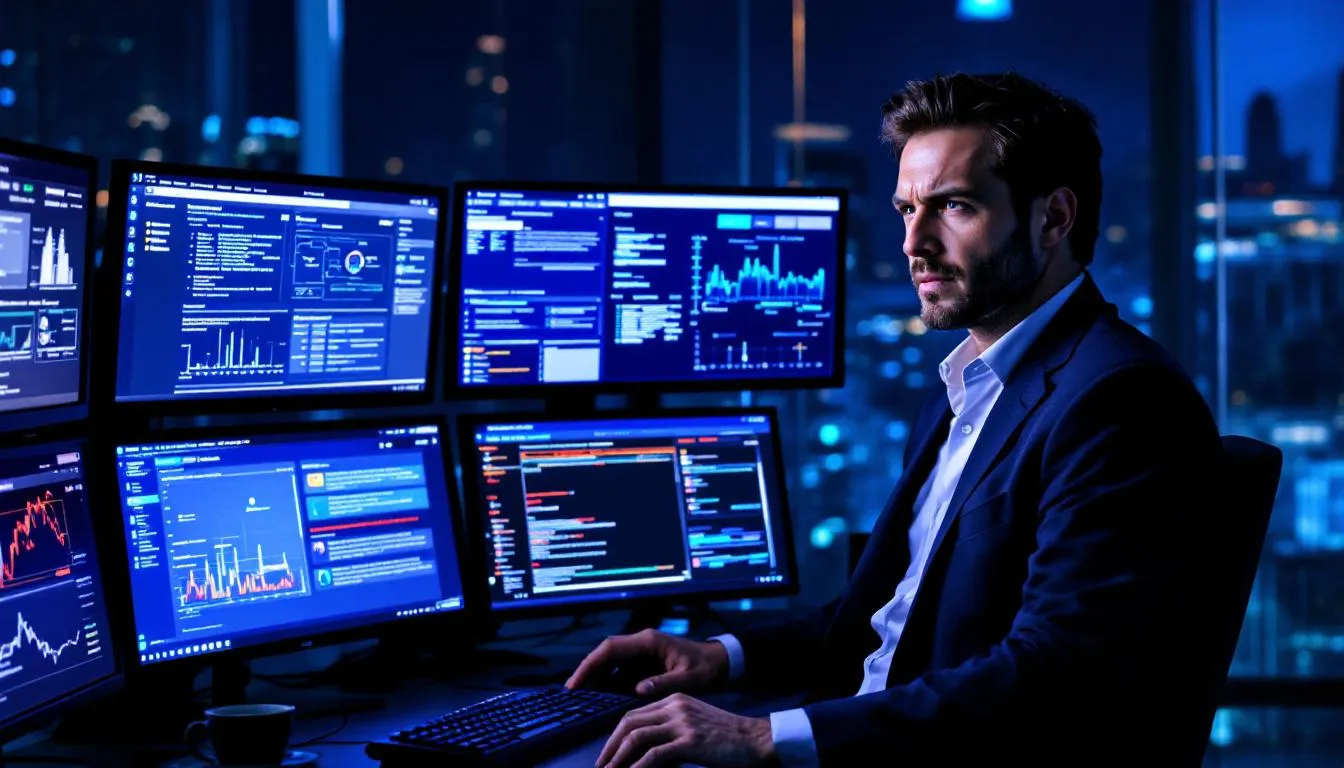 A cybersecurity professional is focused on multiple computer screens displaying various digital security interfaces, highlighting their role in monitoring cyber threats and employing threat detection strategies. This scene illustrates the importance of human expertise and continuous learning in the cybersecurity industry, especially as AI tools and technologies evolve to support security teams in their efforts against sophisticated attacks.