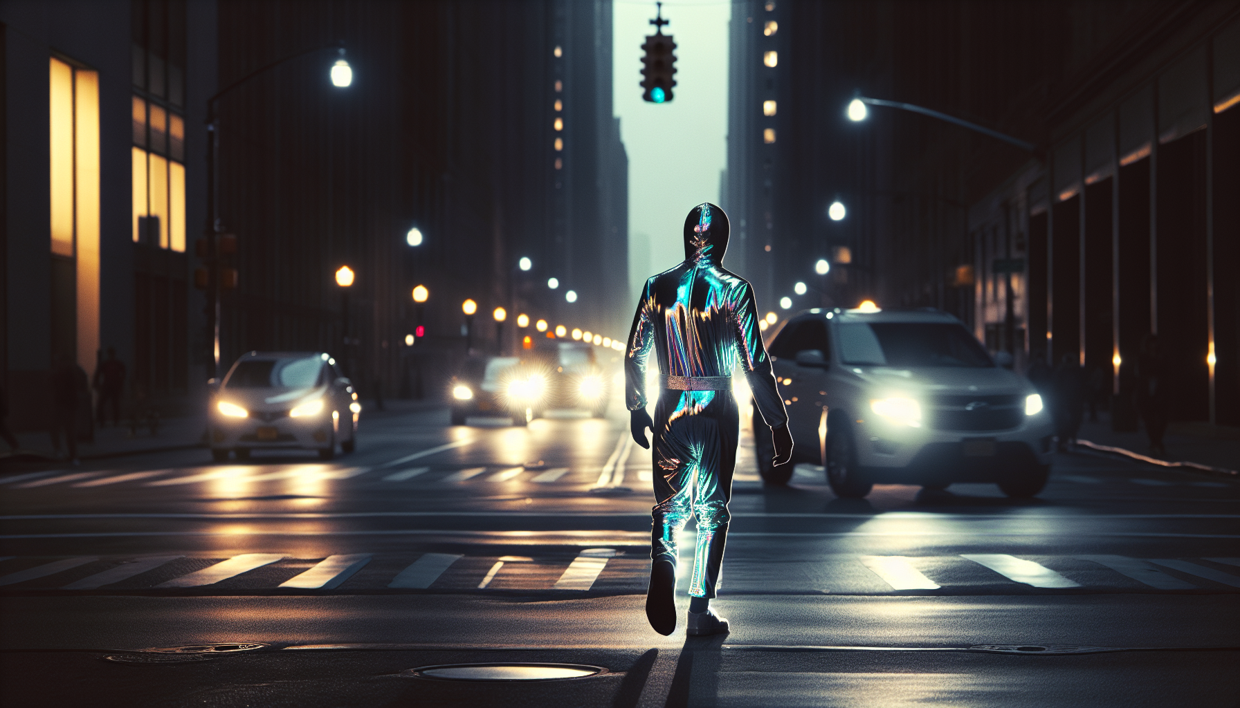 Person wearing reflective clothing walking at night