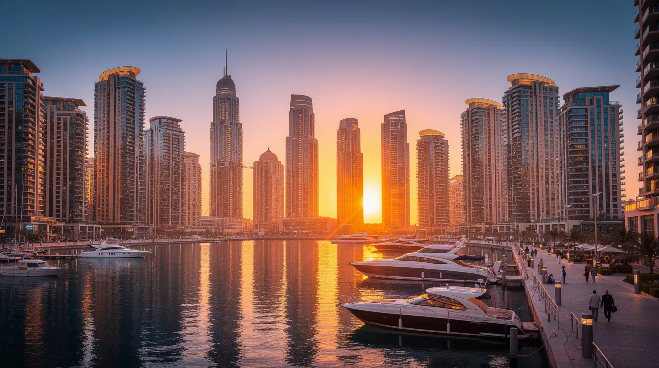 The image showcases the stunning Dubai Marina skyline at sunset, featuring a cluster of residential high-rise towers bathed in warm hues of orange and pink. The scene highlights the architectural beauty of the buildings, reflecting the vibrant energy of Dubai, a city known for its luxurious lifestyle and professional services, including AC repair and maintenance solutions.
