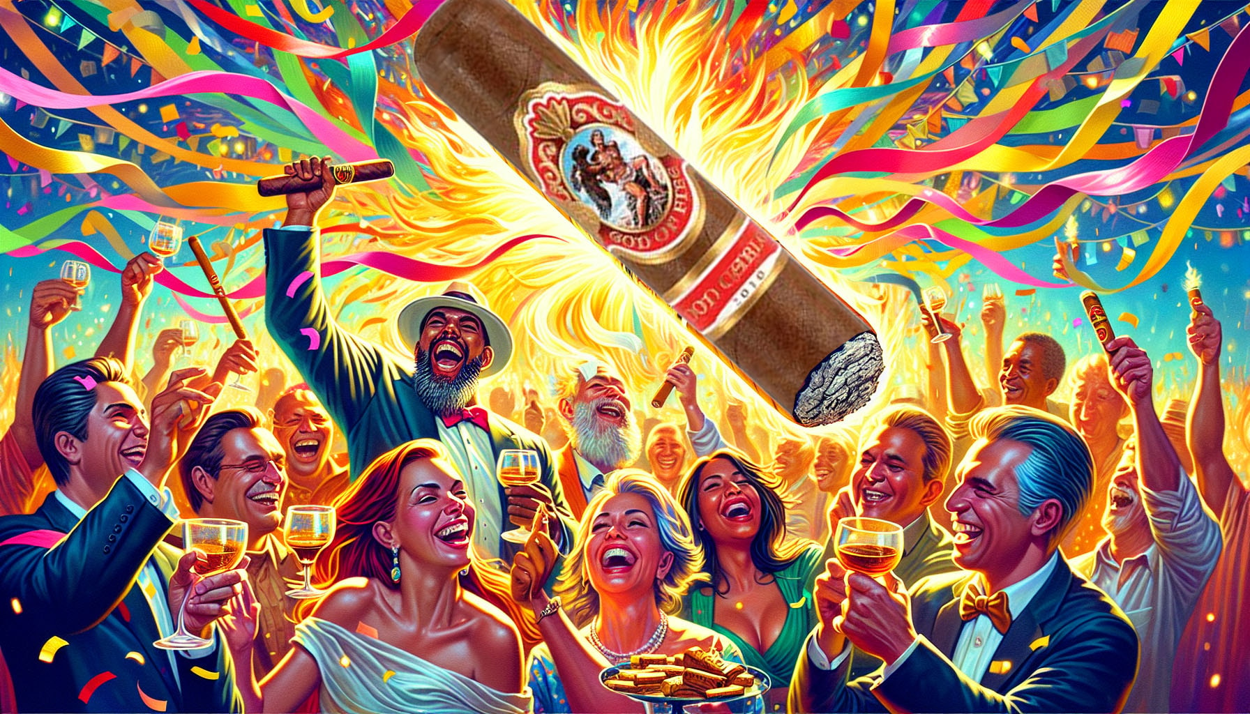 An artistic depiction of a celebration with God of Fire by Don Carlos Robusto Gordo 54 cigars, surrounded by festive elements.