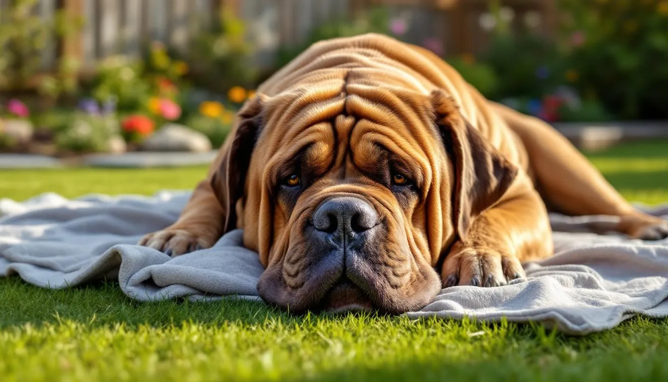 A large, muscular mastiff-type dog with a characteristic wrinkled face and deep wrinkles is resting peacefully in a sunny garden. Its loose skin and droopy ears give it an adorable appearance, making it a wonderful companion for any family.