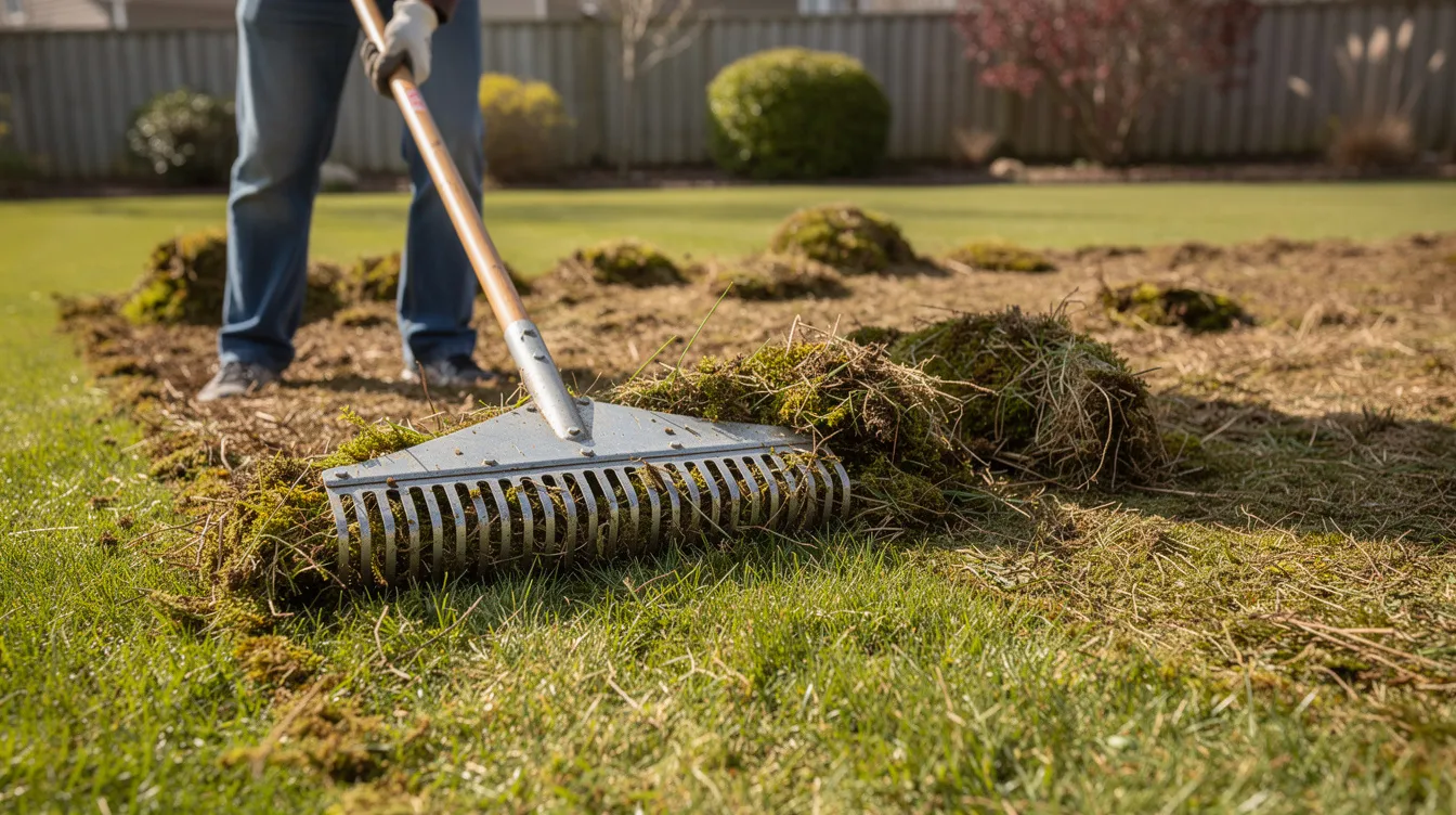 A person is using a spring-tine rake to remove moss and thatch from a patchy lawn, preparing the soil surface for better grass growth. The action helps improve drainage and promotes seed germination for new grass in the existing lawn.