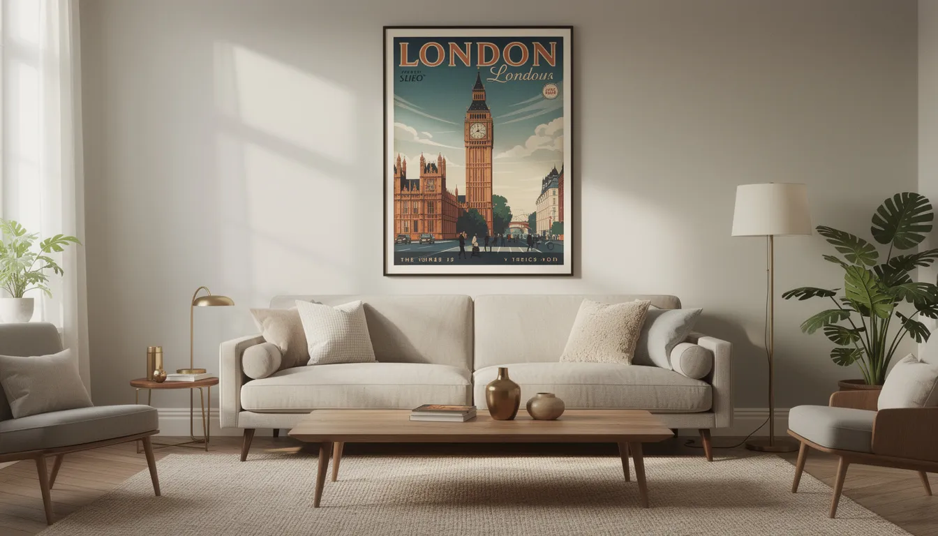 La imagen muestra una sala de estar elegante con un sofá de estilo moderno de mediados de siglo, con un cartel vintage de viajes de Londres destacado sobre él, que añade carácter y un diseño llamativo a las paredes. Esta disposición estilizada captura la esencia del viaje y el arte urbano, proporcionando un toque premium a la decoración del hogar.