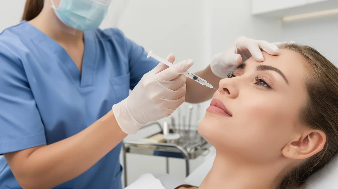 A person is receiving a careful cosmetic injection of botulinum toxin type A in a clean clinic environment, aimed at wrinkle reduction on their forehead and around the eyes. The procedure is being performed by a skilled provider, highlighting the importance of expertise in achieving natural-looking results while minimizing potential risks and complications.