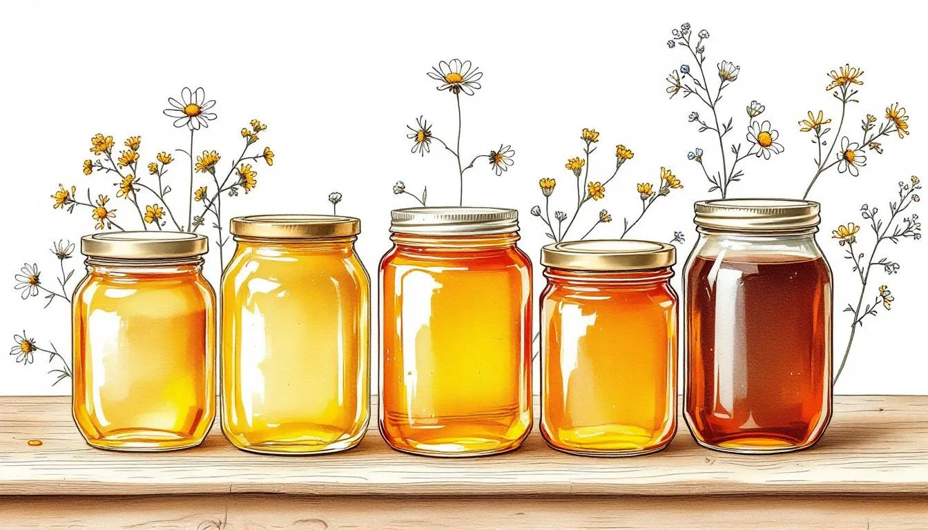 A variety of wildflower honey jars showcasing different colors and textures.