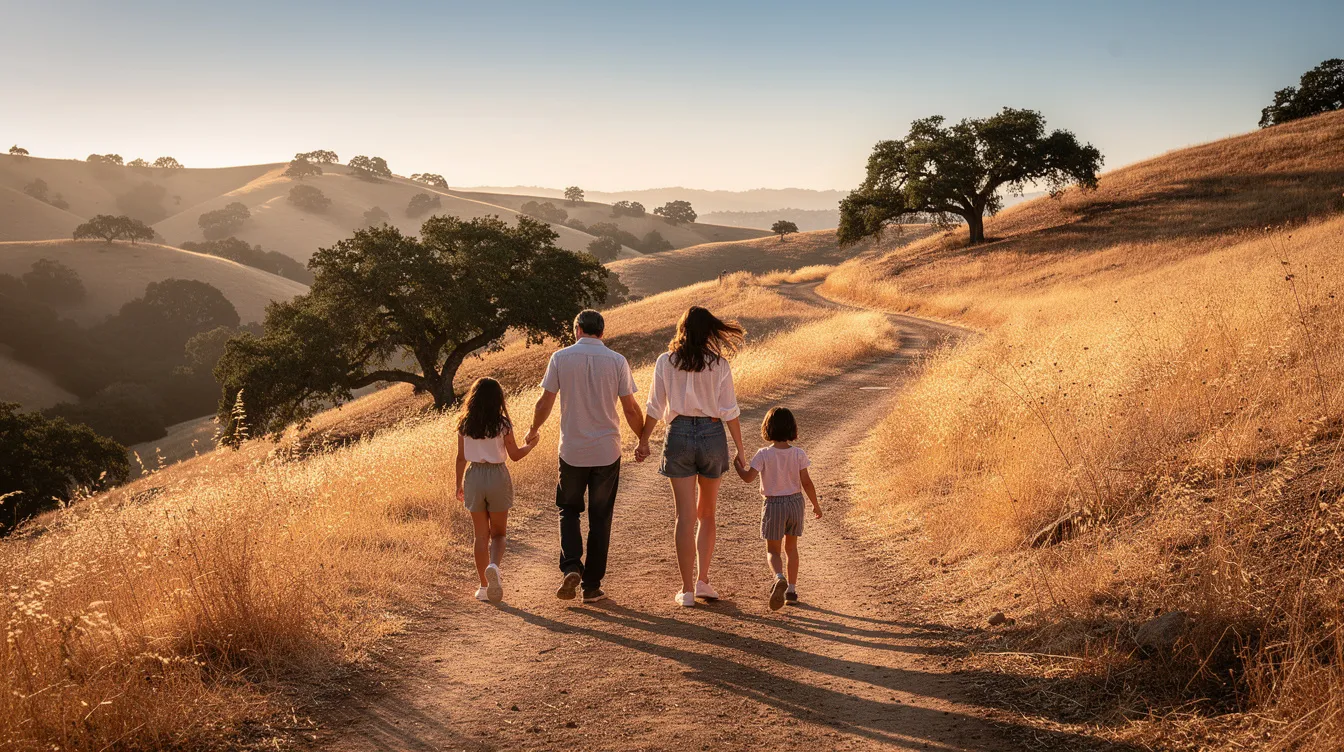 A family strolls together on a sunlit path, surrounded by the rolling hills of California, showcasing a serene landscape. The scene reflects positive behaviors and strong family bonds, contrasting with the challenges of mental health conditions like oppositional defiant disorder and disruptive behavior disorders that some families may face.