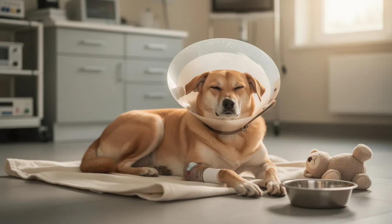 Na zdjęciu widać psa odpoczywającego w kołnierzu ochronnym po chirurgicznym usunięciu włókniaka. Pies wydaje się zrelaksowany, co sugeruje, że jego stan zdrowia jest stabilny, a właściciel powinien regularnie kontrolować zmiany skórne oraz zachowanie psa.