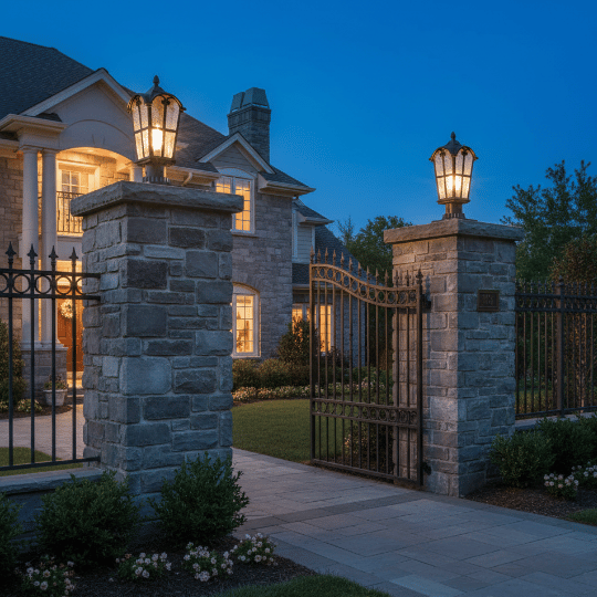 Traditional cottage gate lighting with matching lanterns atop stone pillars.