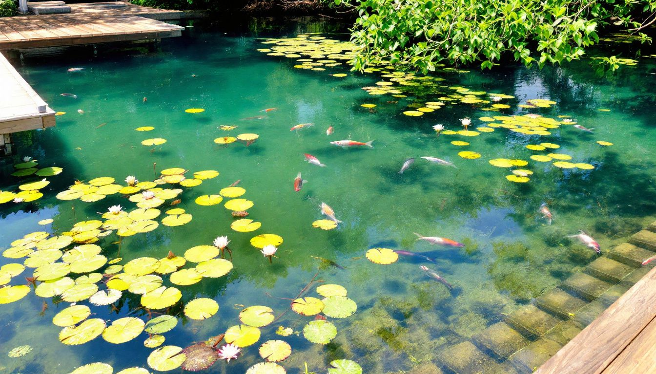 A clear pond water demonstrating quality maintenance.