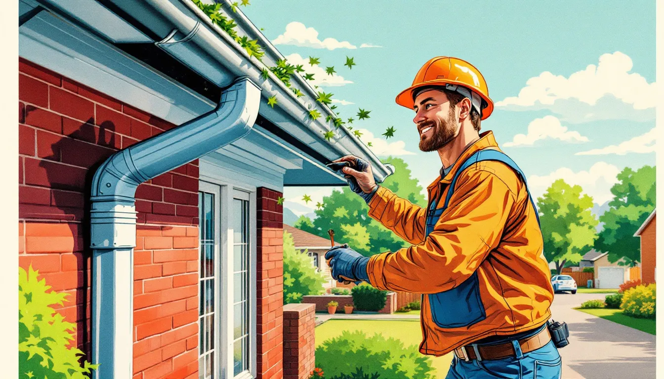 A professional gutter cleaning service in action, removing debris from gutters.