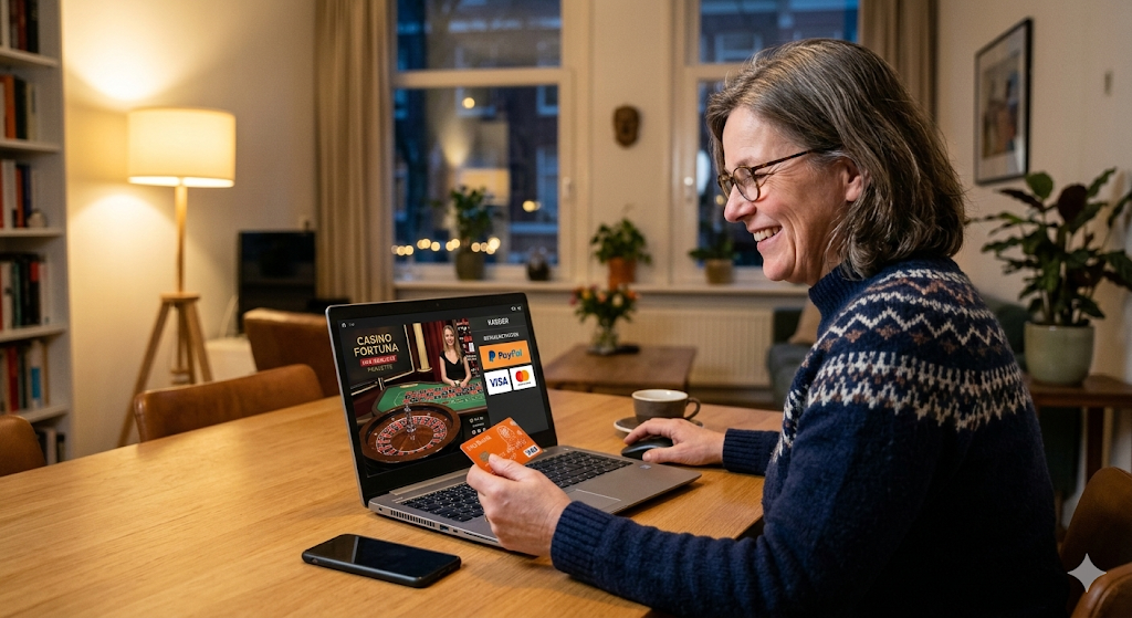 Vrouw die online roulette speelt op een laptop vanuit huis en een betaling doet met Visa of PayPal bij een online casino.