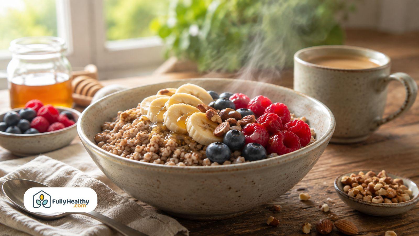 Warm buckwheat breakfast bowl topped with bananas berries and nuts