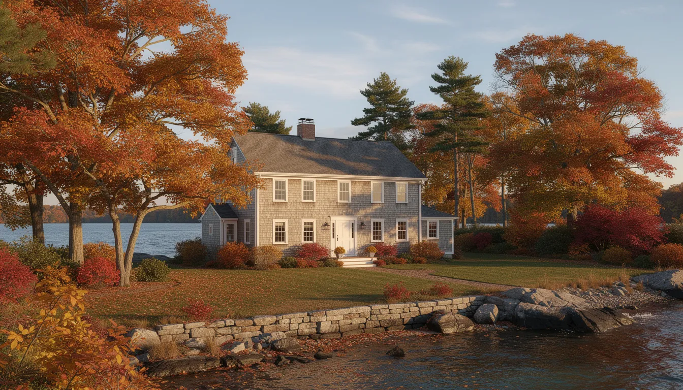The image depicts a charming shingled home surrounded by vibrant autumn foliage, located near the water in coastal Connecticut. This picturesque waterfront property showcases the natural beauty of the Connecticut shoreline, making it an attractive option for real estate investors seeking rental income in a desirable area.
