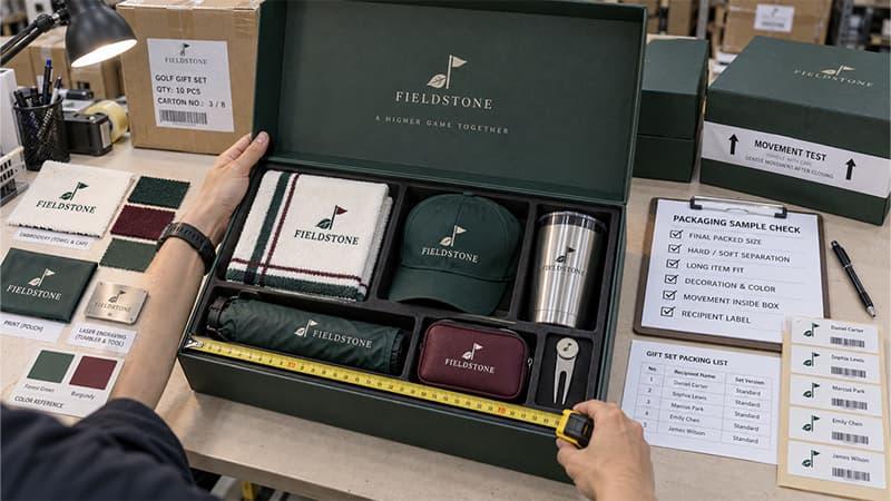 Golf gift set packaging sample checked for packed size, item separation, decoration, movement, and recipient labels