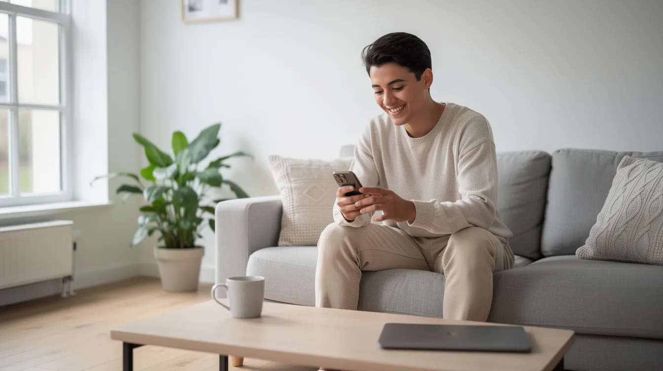 The image shows a person smiling while looking at their phone in a bright, modern living room, suggesting they are engaging with a dating app or online dating platform. The cheerful atmosphere reflects the excitement of finding potential matches and meaningful connections in a casual dating environment.