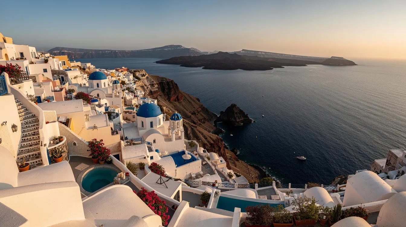 Vista panorâmica de Santorini, com suas casas brancas e cúpulas azuis, se estendendo sobre o profundo mar Egeu e a caldeira vulcânica, representando a beleza das cidades gregas no arquipélago das ilhas Cíclades. A imagem captura a essência da Grécia antiga, onde a história e a cultura se encontram à beira do mar.