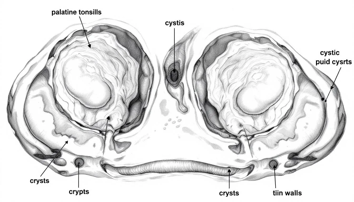 A detailed diagram illustrating tonsil cysts, including various types such as tonsillar retention cysts and lymphoepithelial cysts, highlighting their location on the palatine tonsils and potential symptoms like swollen tonsils and throat pain. The diagram serves as an educational tool for understanding tonsil cyst treatment options and associated health conditions.