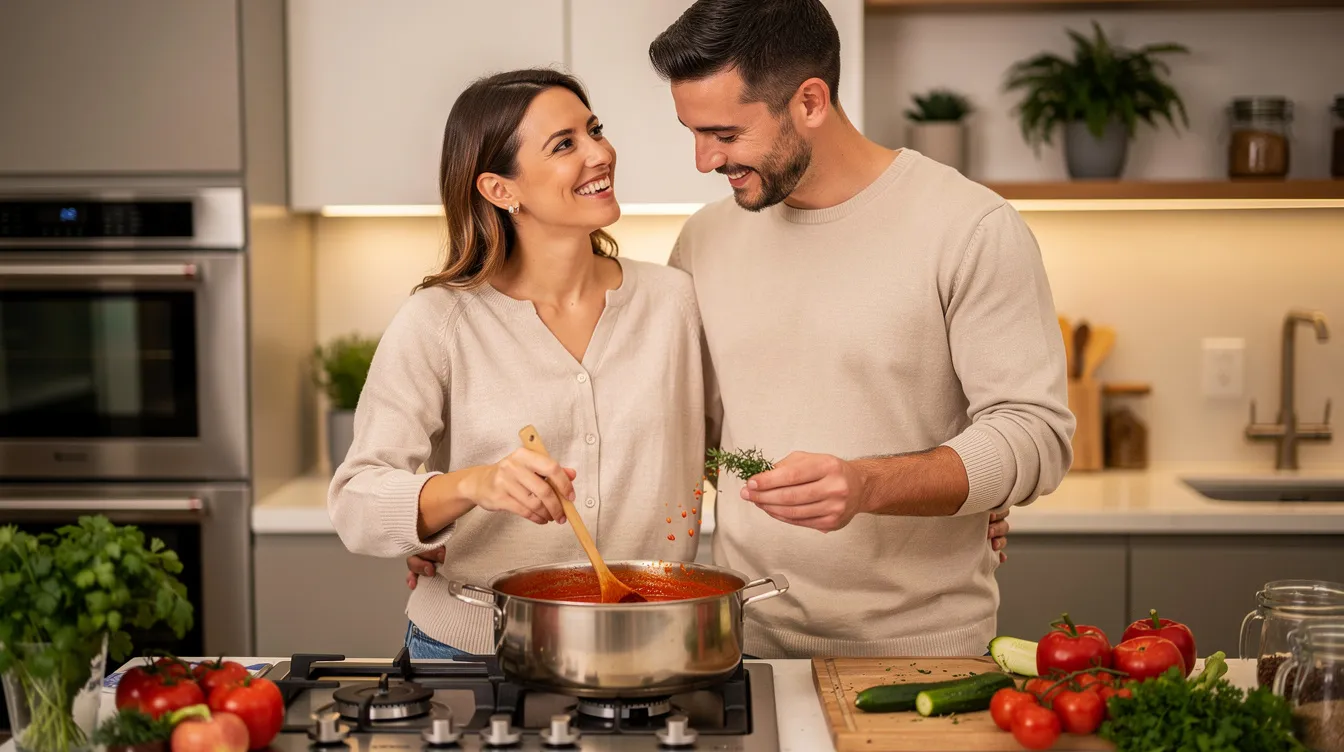 A happy couple is joyfully cooking together in a cozy kitchen, sharing laughter and love as they prepare a meal in a large sauce pot. Their emotional connection and mutual respect highlight the essence of a healthy relationship, showcasing the beauty of spending time with the right person.
