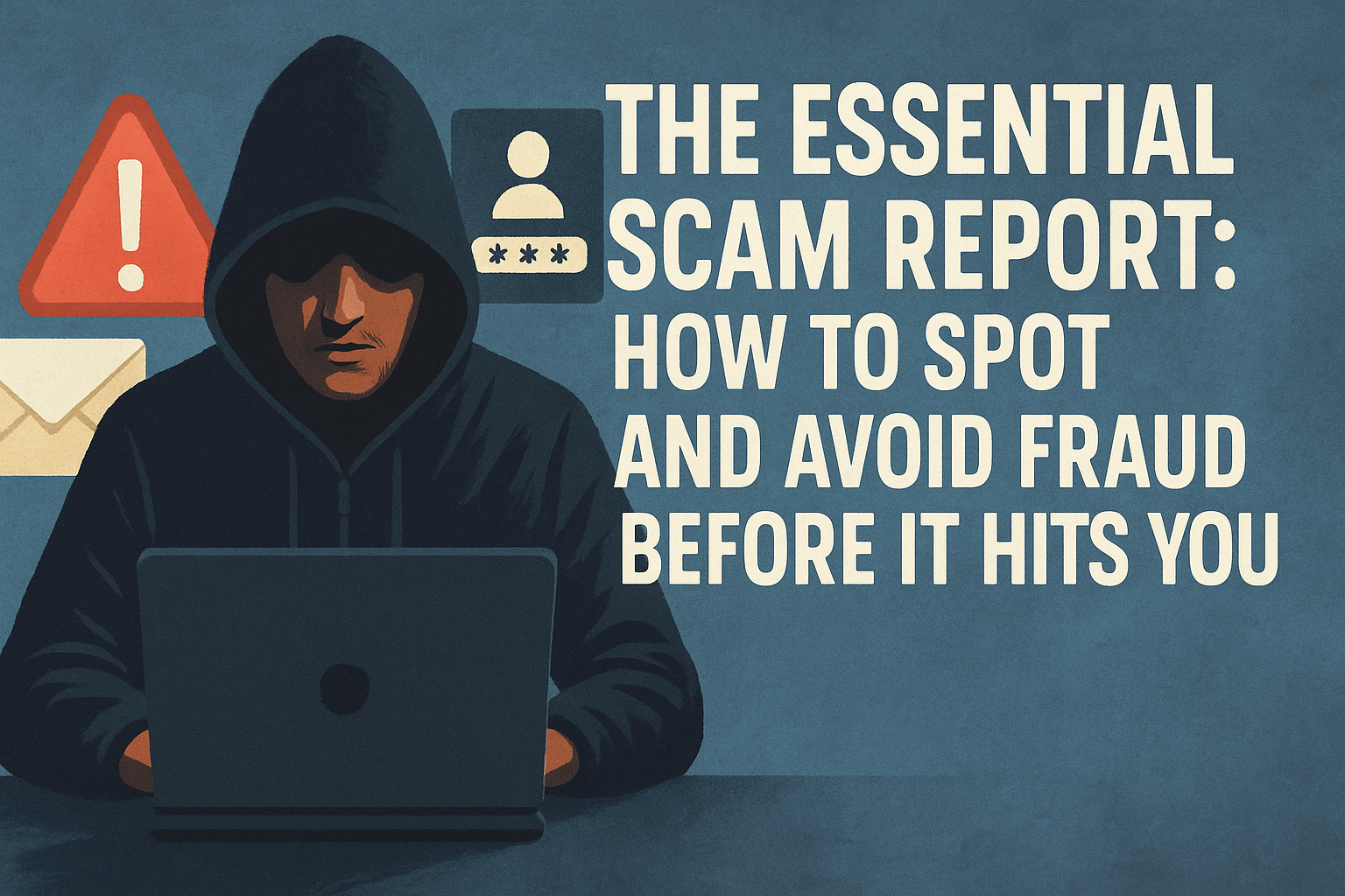 A semi-realistic digital illustration showing a concerned young adult reviewing scam reports and alerts on a computer screen, with warning icons and data security visuals in the background.