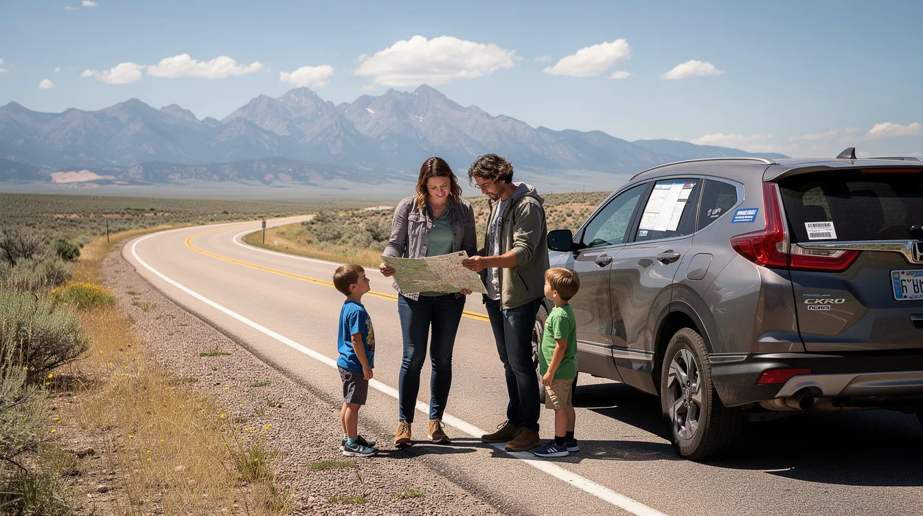 A family stands together near a rental car on a rural roadside in Colorado, with picturesque mountains in the background. They appear to be assessing their situation, possibly after a rental car accident, highlighting the importance of understanding rental car insurance and liability coverage in such incidents.
