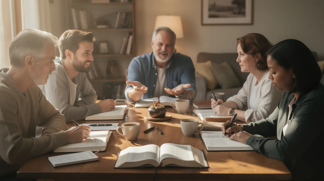A small group of friends is gathered around a table in a cozy room, engaged in a Bible study session with open Bibles, notebooks, and coffee cups. Their conversation reflects a strong desire to seek truth and understand scripture, embodying curiosity as a biblical discipline.