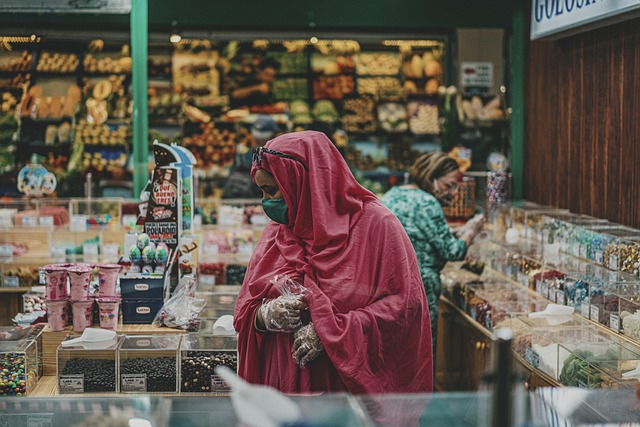 woman, face mask, market, spend money, saving money, less money