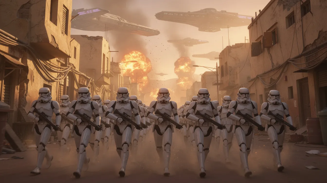 In der staubigen Wüstenstadt marschieren animierte Klontruppen in weißer Rüstung, während im Hintergrund Explosionen und Raumschiffe zu sehen sind, die an die epischen Schlachten aus der Star Wars Saga erinnern. Diese Szene vermittelt das Gefühl von Action und Abenteuer im Star Wars Universum.