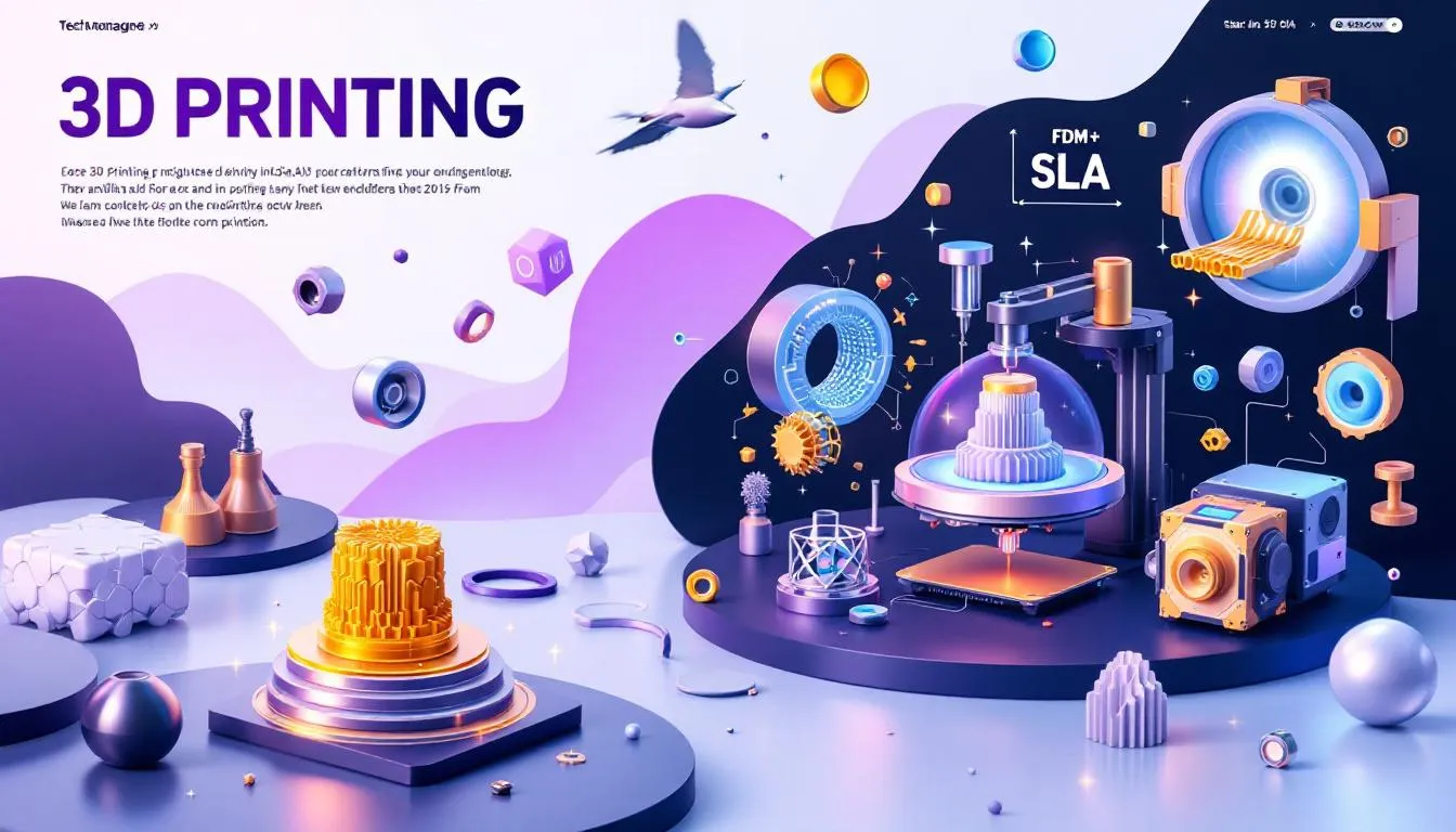 Different 3D printing technologies with an emphasis on FDM and SLA processes.