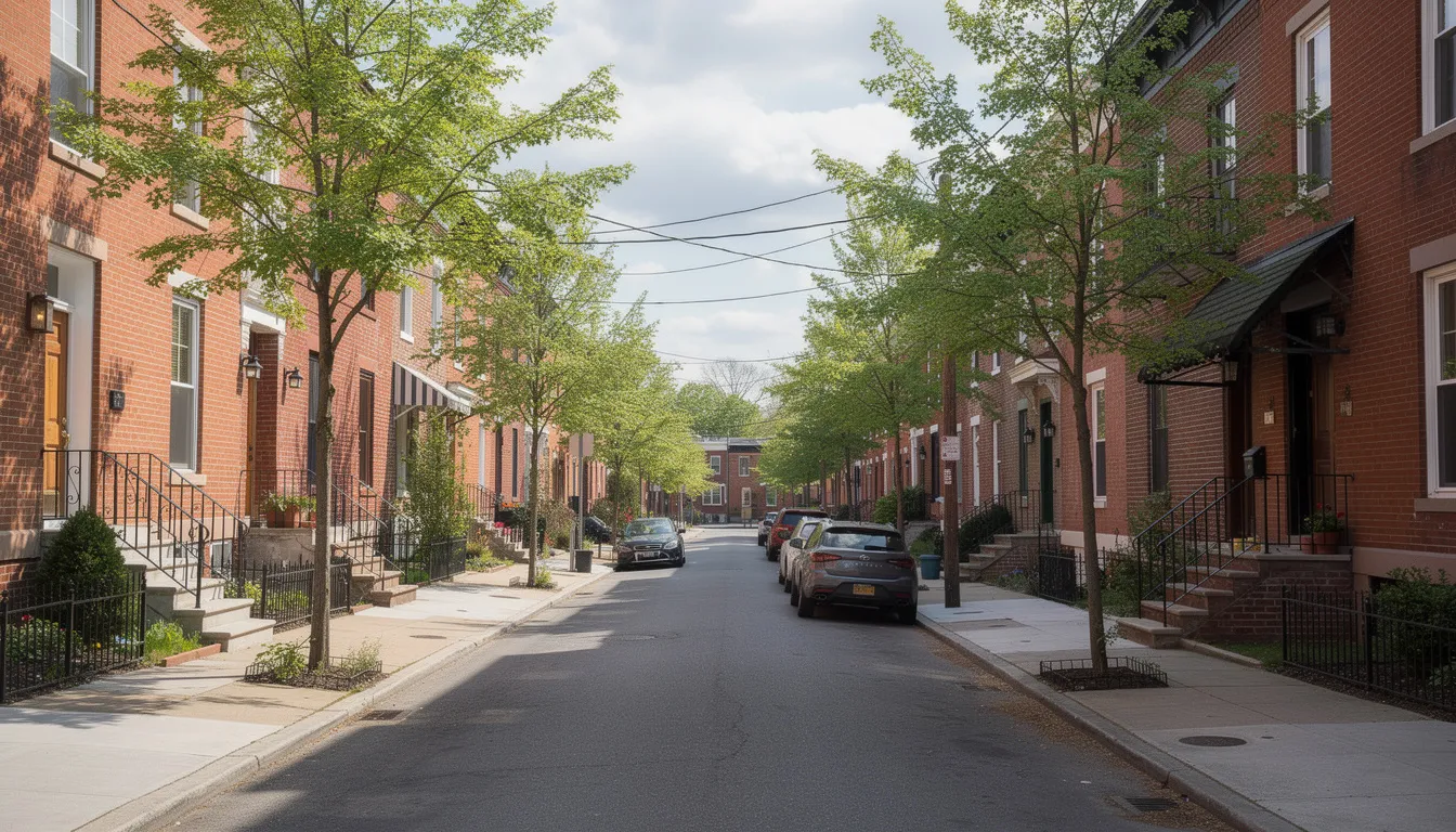The image depicts a charming Philadelphia street lined with brick rowhomes and leafy trees, creating a picturesque urban scene. This neighborhood is ideal for cash home buyers looking to purchase properties in Philadelphia, offering a cozy atmosphere for homeowners and potential buyers alike.