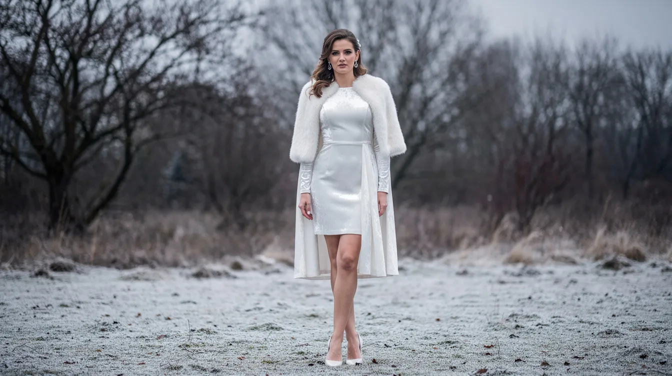 A bride stands outdoors in a winter setting, wearing a short white velvet dress with long sleeves, complemented by a cozy faux fur cape. The scene features bare trees in the background, highlighting the elegance of her simple short wedding dress amidst the serene landscape.