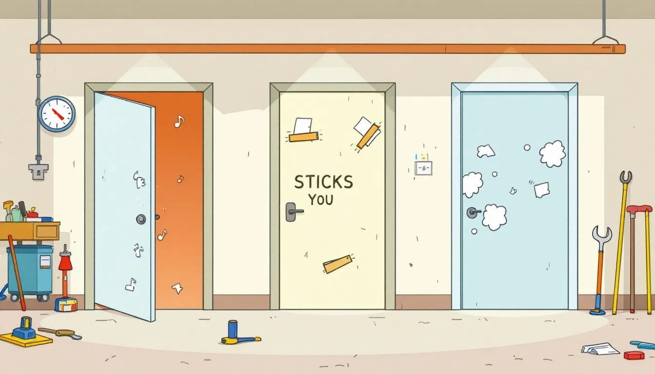 An illustration showing common door problems including doors that won't stay open.