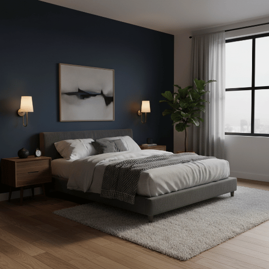 Wall sconces with fabric shades providing warm bedside lighting on a dark blue accent wall bedroom.