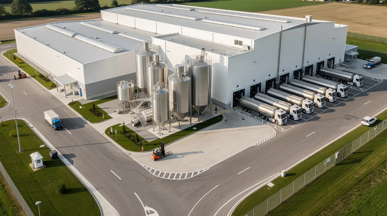 An aerial view of a modern dairy processing facility showcases milk tankers parked at loading docks, surrounded by open operational areas. This dairy plant features various functional zones for raw milk reception, processing, and storage, highlighting its role in the dairy industry and efficient milk production.