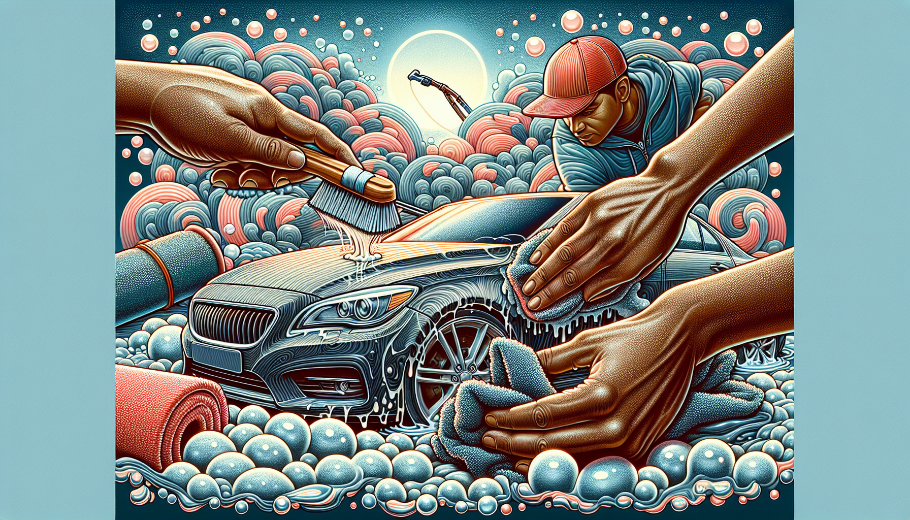 Illustration of washing and drying car before claying