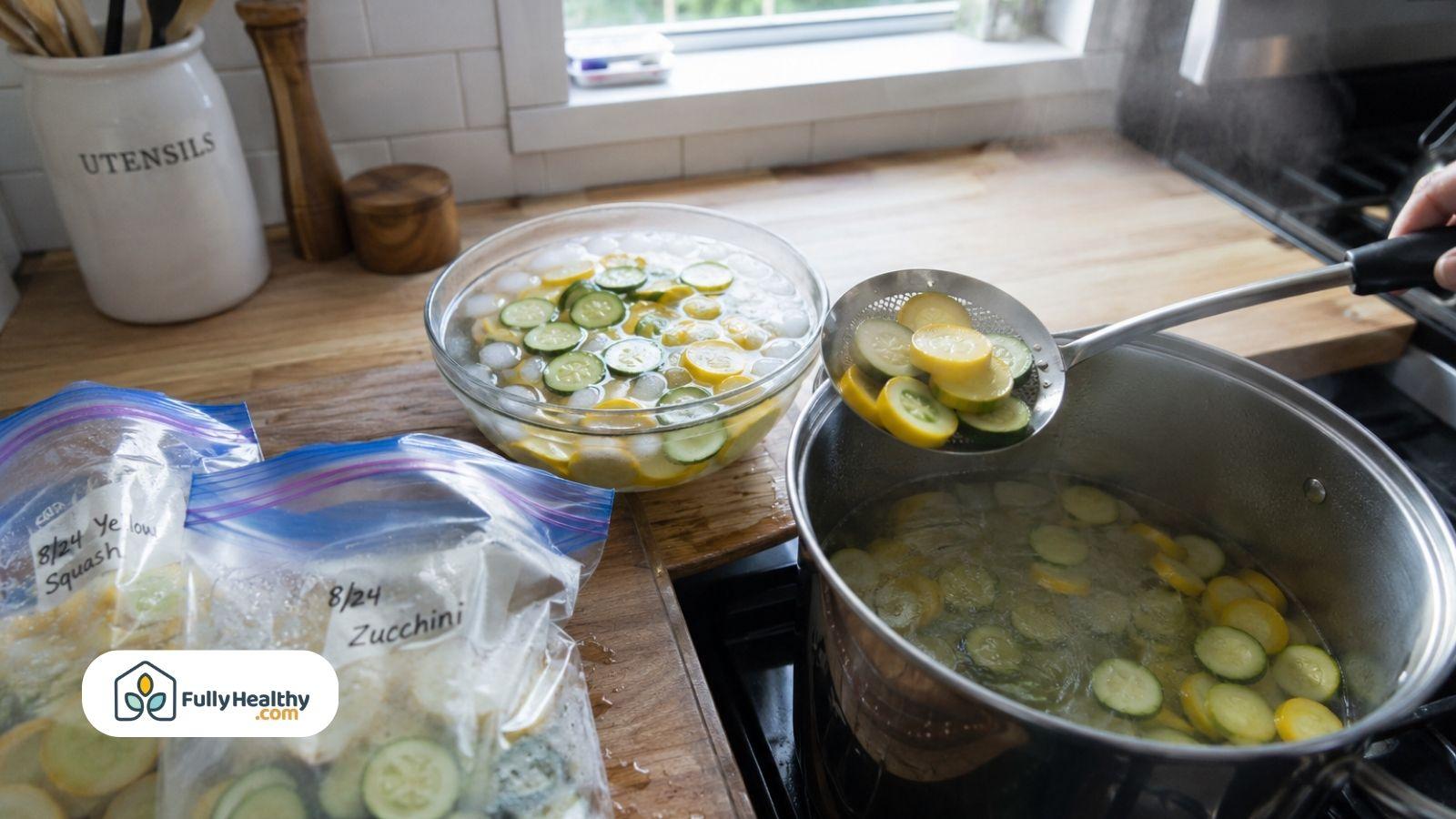 Sliced yellow squash and zucchini blanching in boiling water beside labeled freezer bags