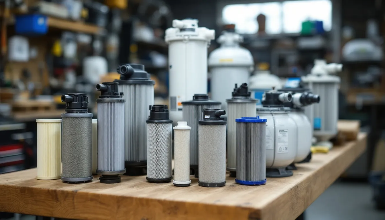 An image of cartridge swimming pool filters showcases various sizes and shapes of these essential pool equipment components, designed for effective pool filtration. These filters are key to maintaining water clarity and a healthy swimming environment by removing trapped debris and fine particles from the swimming pool water.