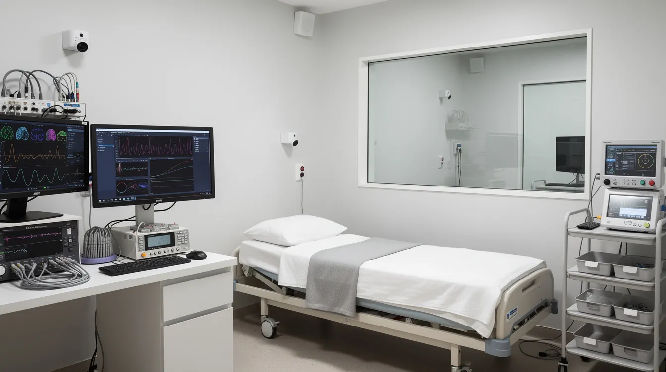 The image depicts a modern sleep laboratory equipped with advanced testing equipment and a variety of smart mattresses designed to enhance sleep quality. Featuring gel-infused memory foam and adjustable firmness settings, these smart beds are ideal for tracking sleep patterns and improving overall sleep fitness scores.