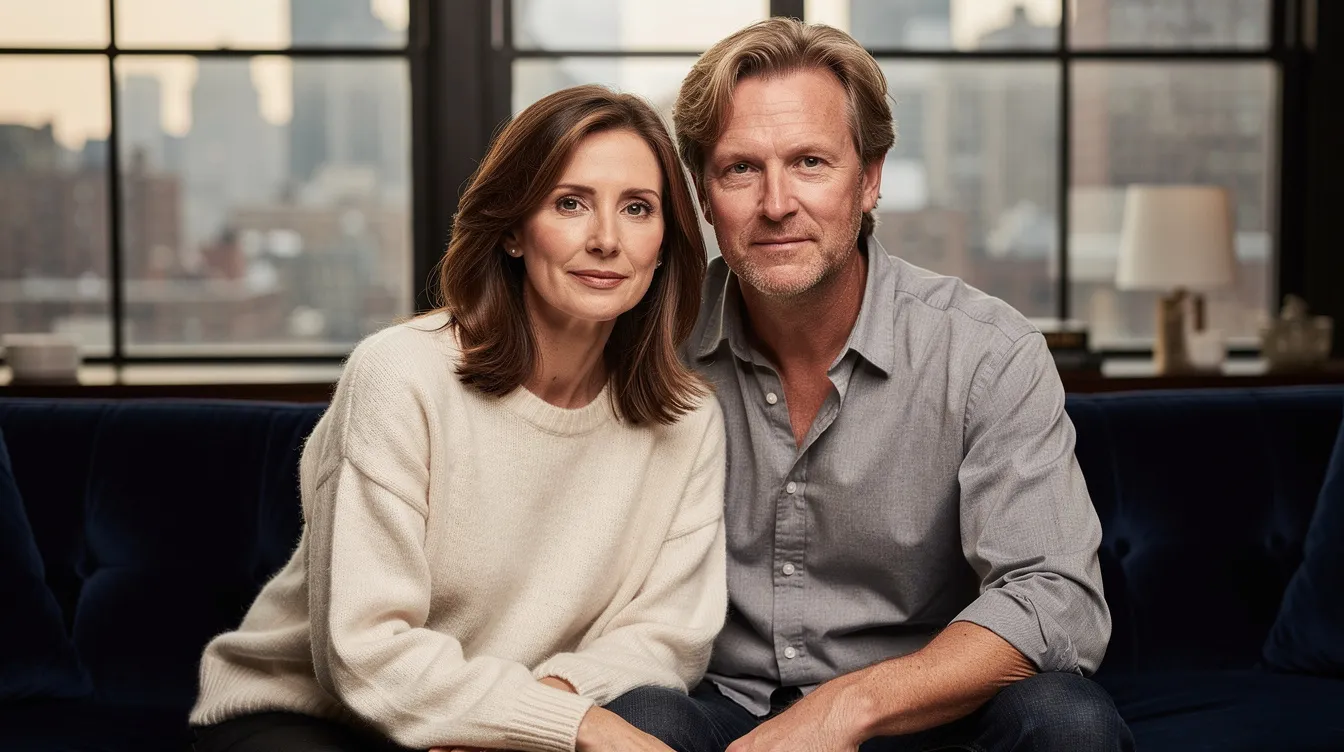 A romantic married couple in their late 30s sits closely together on a deep navy velvet sofa in a luxury Tribeca loft, exuding natural intimacy as they gaze calmly at the camera. The warm afternoon light filters through large floor-to-ceiling windows, illuminating their relaxed demeanor, which reflects the emotional connection often explored in couples therapy and marriage counseling.