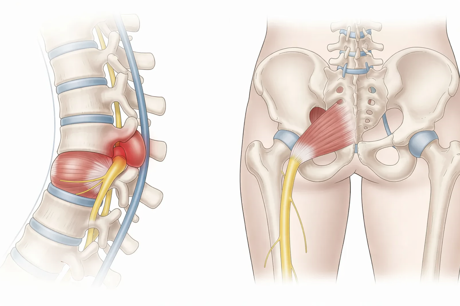  The image depicts an anatomical side view of the lower spine, highlighting a bulging disc that is pressing toward a nerve root, alongside a separate view of the buttock area showcasing the piriformis muscle wrapping around the sciatic nerve, illustrating the relationship between piriformis syndrome and sciatica pain. This visual aids in understanding the complexities of nerve compression and the symptoms associated with both conditions.