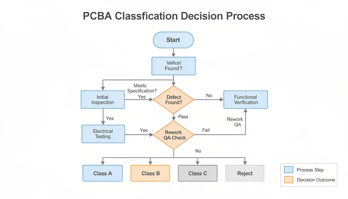 The image depicts a flowchart diagram illustrating the decision-making process for classifying printed circuit board assemblies (PCBA) using harmonized system codes (HS codes). It features various branching paths and decision points aimed at ensuring accurate classification for smooth customs clearance in international trade.
