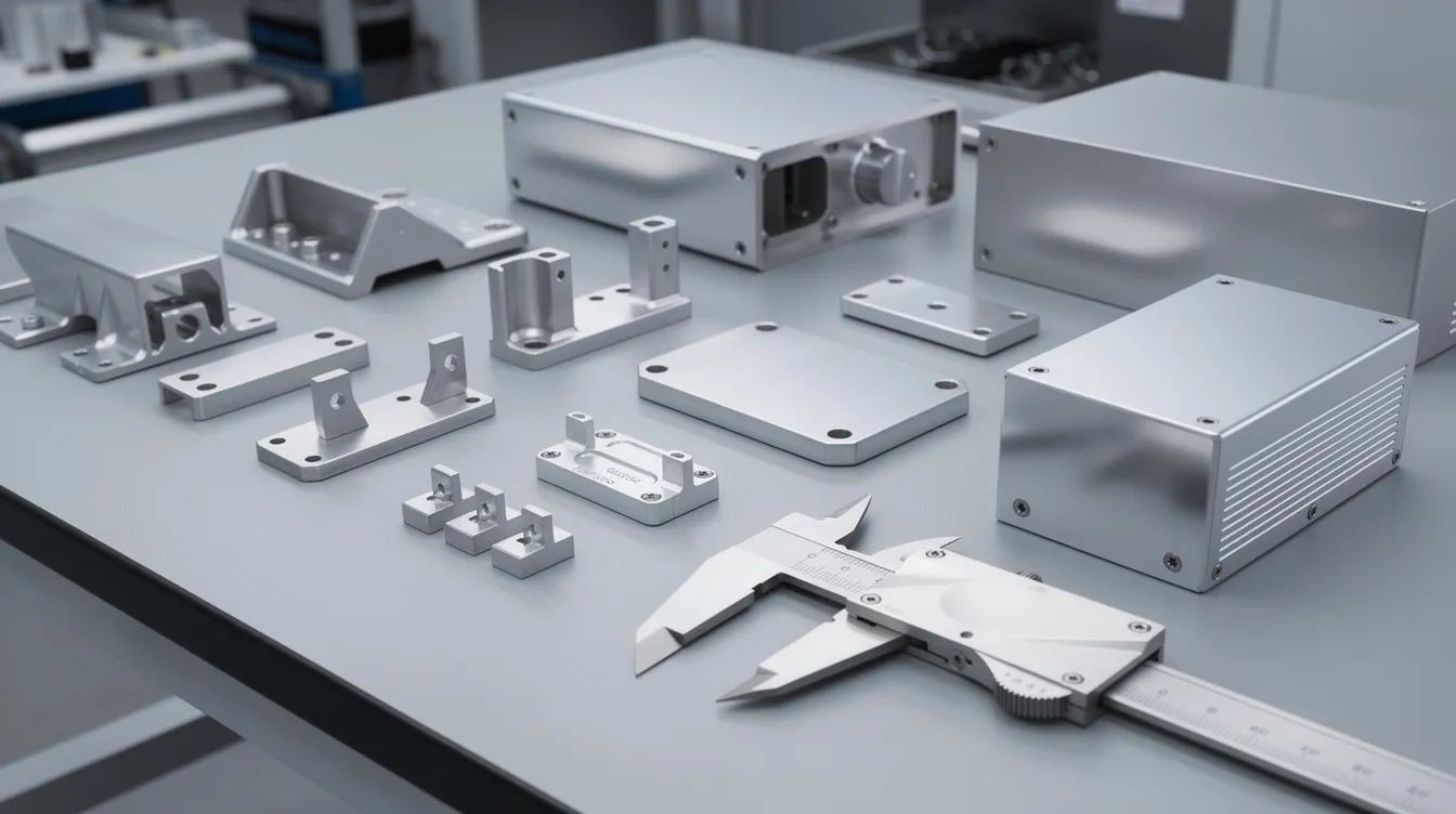 The image shows precision fabricated metal components and enclosures neatly arranged on an inspection table, with calipers placed nearby for measurement. This setup highlights the meticulous quality control process often employed by top sheet metal fabrication companies for OEMs, ensuring high precision in metal parts manufacturing.
