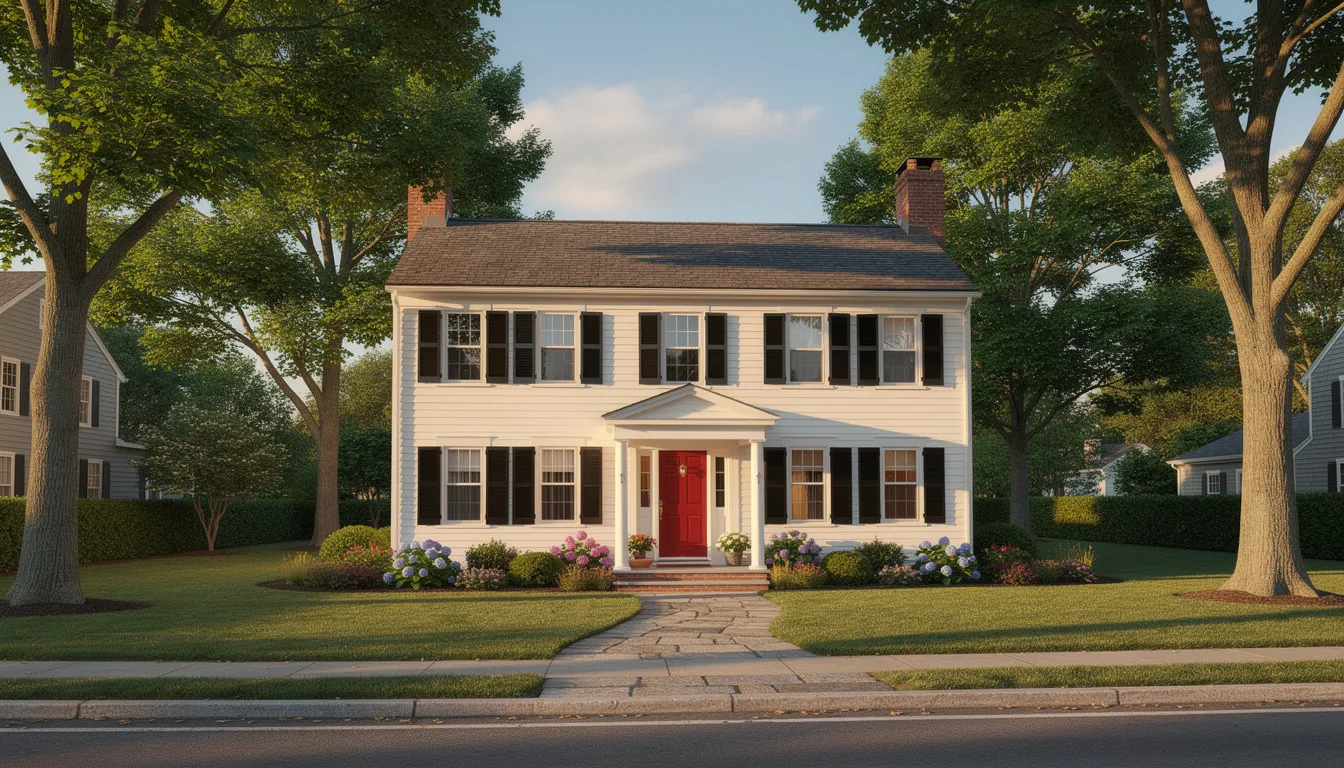 The image depicts a charming New England colonial home surrounded by a manicured lawn and mature trees, reflecting the classic architectural style found in neighborhoods like Madison, CT. This picturesque property showcases the appeal of the Connecticut shoreline, making it an attractive listing for buyers in the area.
