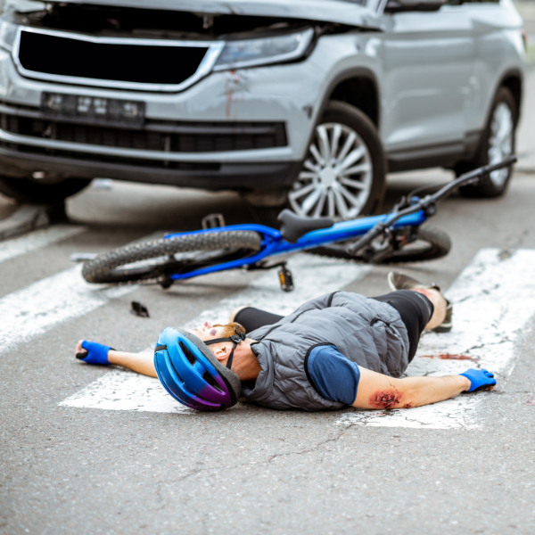An image showing an SUV rollover accident with an injured cyclist.