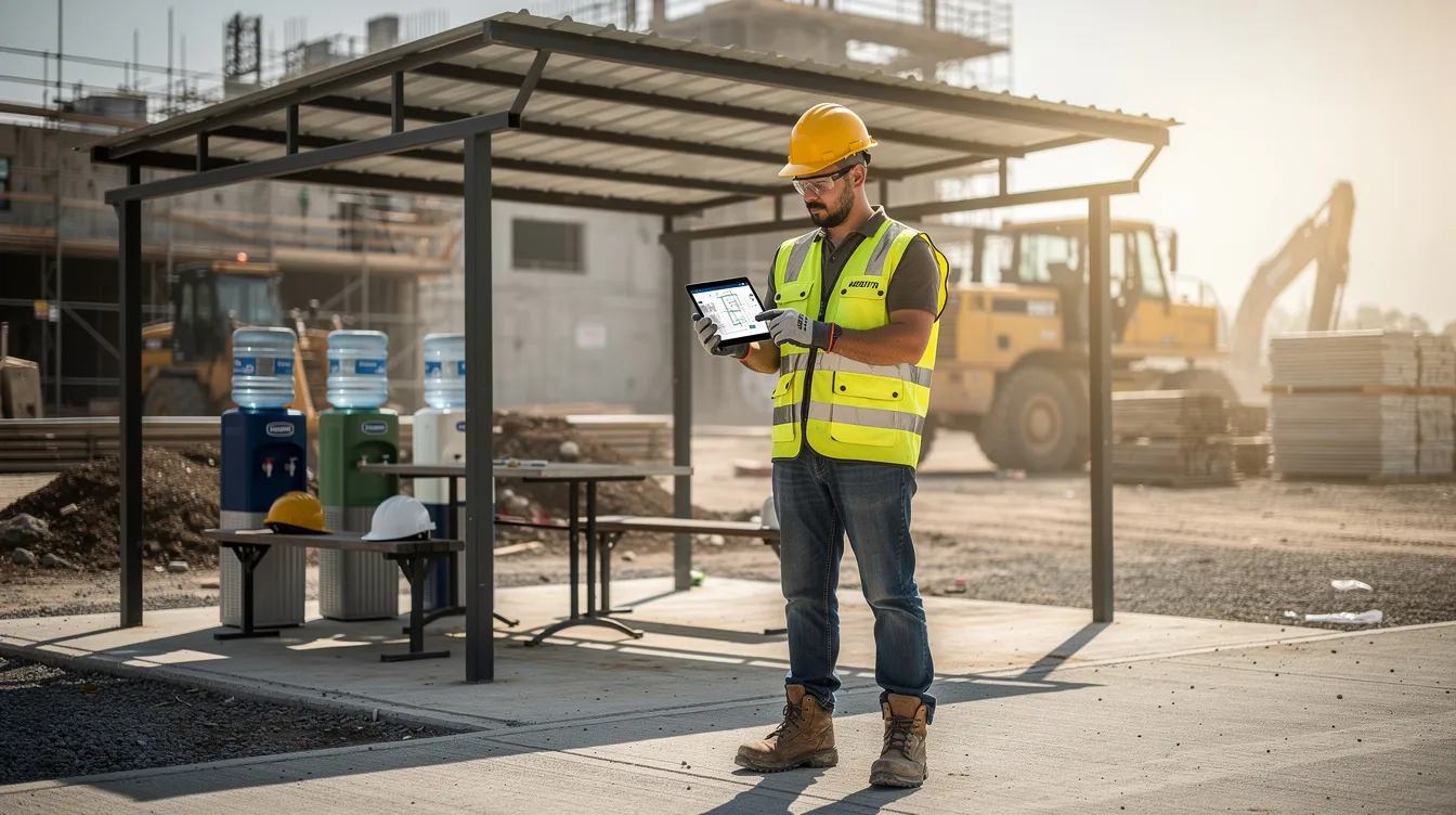 A construction supervisor is standing in a shaded rest area on a job site, intently checking a tablet screen to monitor real-time data related to worker safety and heat stress management. The scene highlights the importance of proactive measures, such as rest breaks and hydration, to reduce heat-related illnesses in high-risk environments like construction sites.
