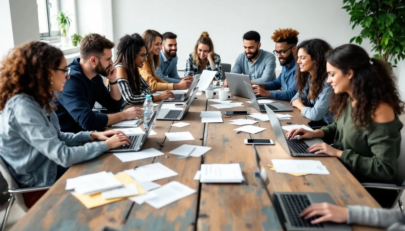 A group of people is seated around a table, working on laptops with papers scattered across the surface, engaged in discussions about digital marketing and social media management. They appear to be collaborating on campaign management and strategies for targeted advertising on platforms like Facebook and Instagram.